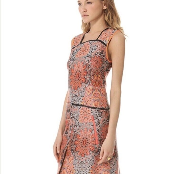 Helmut Lang Asymmetric Neon Orange Floral Medallion Jacquard Printed Mini Dress - Picture 2 of 6